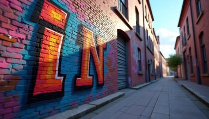 Fototapeta premium Alleyway Brick Buildings With Vibrant Graffiti Art