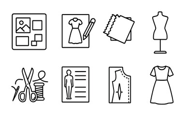 Fashion design line icons set – outline style sewing and tailoring symbols for diy crafting and clothing design: dress form, sewing machine, fabric swatches, scissors, dress pattern, textile,