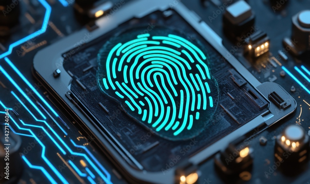 Poster fingerprint scan on circuit board, digital security, technology background