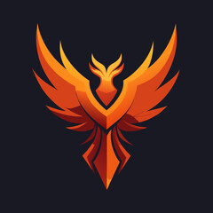 Fototapeta premium Phoenix Rising: A vibrant illustration of a phoenix bird with outstretched wings, rendered in warm hues of orange and gold, symbolizing rebirth, renewal, and resilience against a dark background.