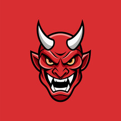 Obraz premium Devilish Red Demon Head: A menacing demon head with sharp horns, glowing eyes, and bared teeth fills the frame against a fiery red background, evoking a sense of primal power and darkness. 