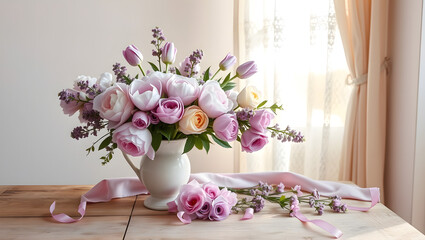 Vintage Vase Peonies Flowers Rustic Table Lace Curtain Setting Mockup Branding Spring Mothers Day Lavender Purple Window Sunny