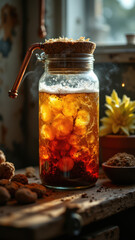 A glass jar filled with tea leaves steeping in water on a rustic wooden surface. Natural agriculture and permaculture theme.
