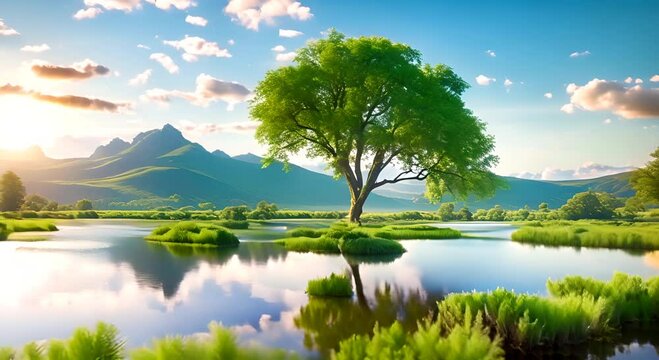 Beautiful grass field and river on suny day Seamless looping time lapse virtual video animation background 4K