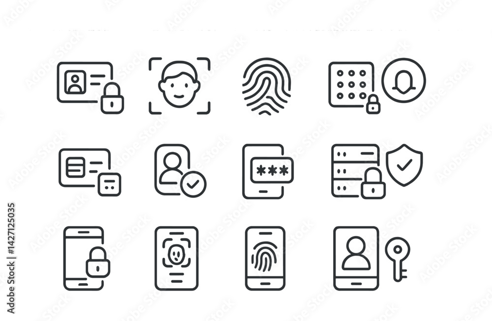 Poster biometric security icons set – outline style for identity verification and data protection: facial r