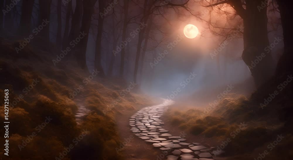 Aufkleber a winding pathway through a misty forest illuminated by a full moon creating a serene and mystical n