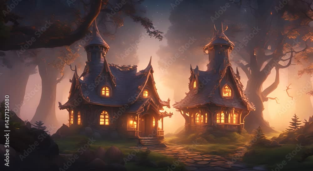 Poster a mystical wizard house hidden deep in a misty forest glowing with magical light and surrounded by a