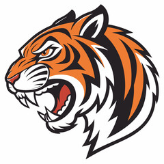Obraz premium Fierce Tiger Head: A striking, graphic representation of a tiger head in profile, showcasing its bold stripes, sharp fangs, and intense gaze.