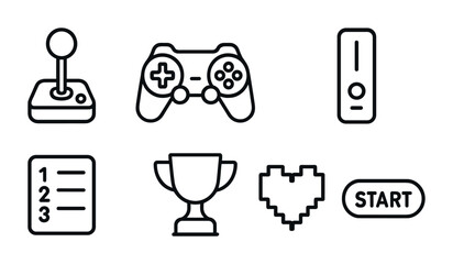 Gaming and entertainment icon set – linear style video games and leisure symbols for fun activities, consoles, and achievements: joystick, game controller, trophy, heart, start button