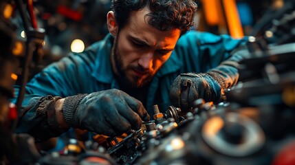 Overhead shot of mechanic tightening bolts on an engine in a candid behind the scenes look
