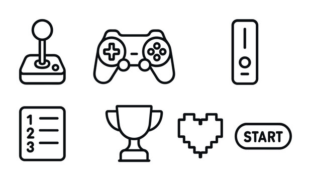 Gaming and entertainment icon set – linear style video games and leisure symbols for fun activities, consoles, and achievements: joystick, game controller, trophy, heart, start button