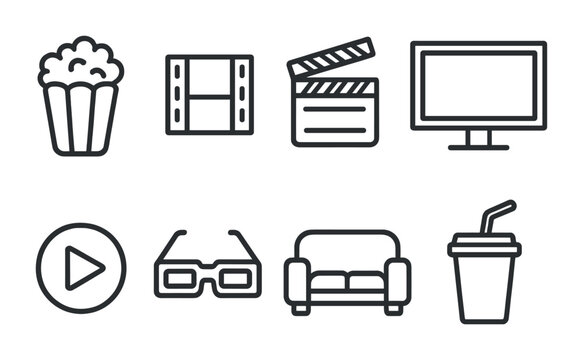 Entertainment and leisure icon set - outline style cinema and movie night symbols for film viewing, media consumption, and recreation: popcorn, film reel, clapperboard, television, play button, 3d