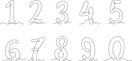 Continuous one line drawing of numbers from 0 to 9. Stylish and minimalist vector illustration representing counting, mathematics, education, and birthdays. Ideal for posters, learning materials, cale