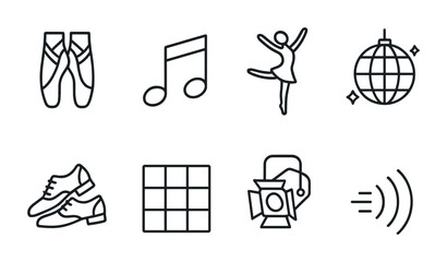 Dance and music icon set &ndash; line style performance and entertainment symbols for choreography, rhythm, and events: ballet shoes, music note, dancer, disco ball, tap shoes, speaker