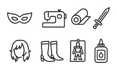 Fototapeta premium Cosplay icon set – outline style costume and role-play symbols for creative design: mask, sewing machine, fabric roll, sword, wig, boots, character sheet, glue