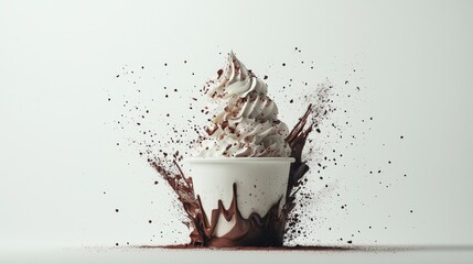 Soft serve ice cream with chocolate drizzle and cocoa powder splatter in a minimalistic setting