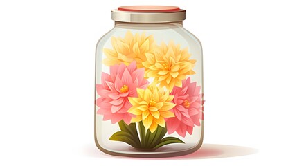 Vibrant pink yellow flower in a clear glass bottle pot on white background