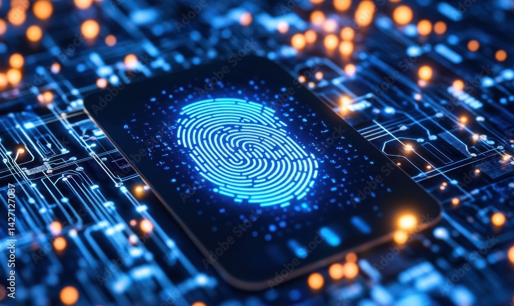 Poster fingerprint scan on circuit board; digital security; technology background