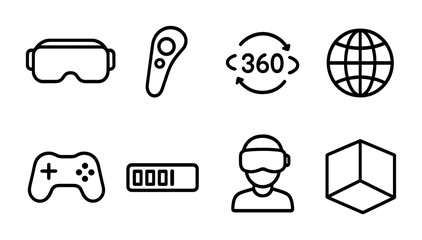 Virtual reality icon set – outline style for immersive technology and digital worlds: vr headset, controller, 360-degree, globe, gamepad, battery, vr avatar, cube