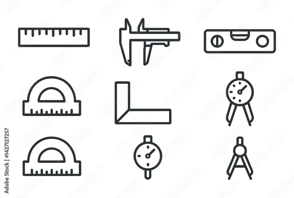 Poster measurement tools icon set – outline style design symbols for engineering and construction precision
