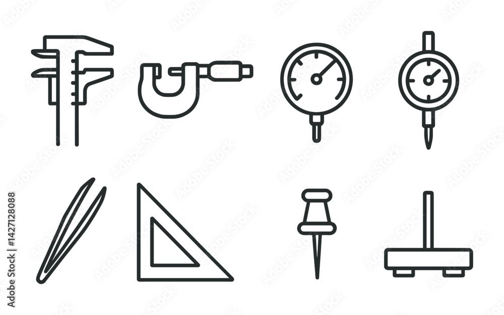 Poster engineering tools icon set – outline style technical and precision symbols for measurement, drafting