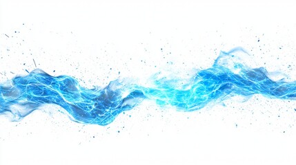 Bright blue water stream with dynamic waves and splashes on a white background creating an energetic visual effect