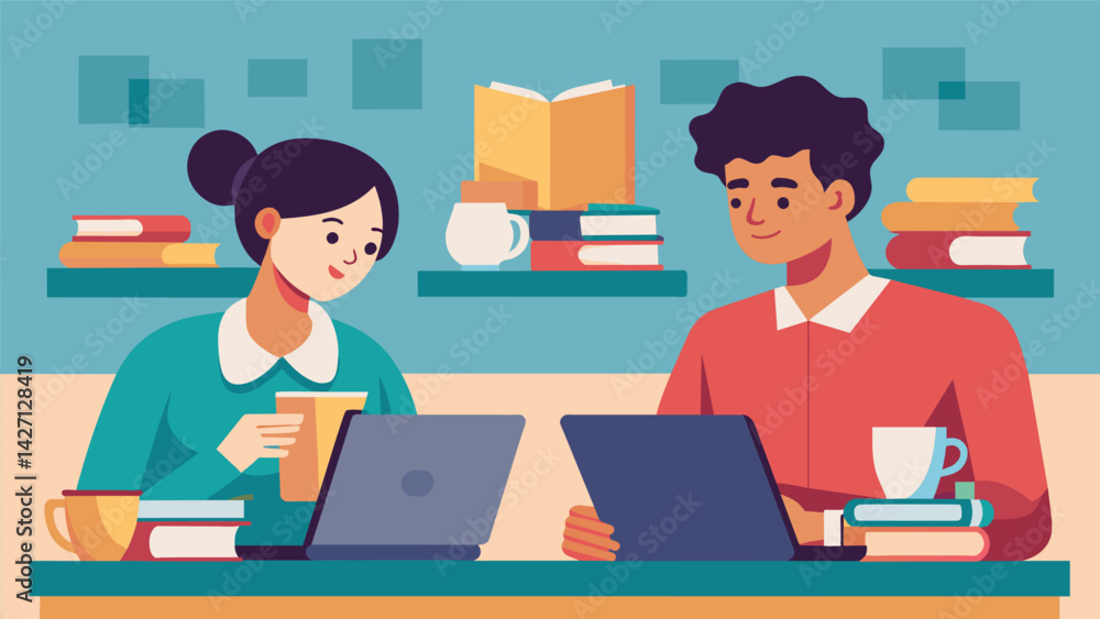 Poster a couple sitting in a coffee shop each with a laptop open and stacks of textbooks beside them as the