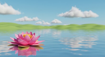 Serene Pink Lotus Flower Floating on Calm Lake Water with Green Hills and Blue Sky Background