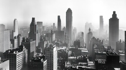 A hazy vintage panoramic view of a large urban city
