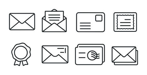 Postal and communication icon set – outline style mail and message symbols for sending letters, postcards, envelopes, stamps, certified mail, postmark, sealed letter