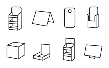 Packaging outline icons set — modern design symbols for retail and marketing: display stand, tent card, door hanger, brochure holder, box, cardboard, shelf, signboard