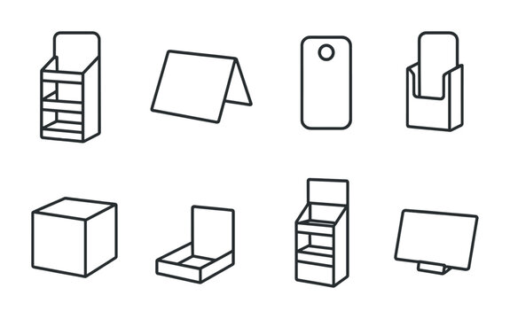 Packaging outline icons set — modern design symbols for retail and marketing: display stand, tent card, door hanger, brochure holder, box, cardboard, shelf, signboard