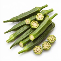 The image showcases a high-quality image of fresh okra, including whole pods and sliced pieces with star-shaped cross-sections, on a clean white background.