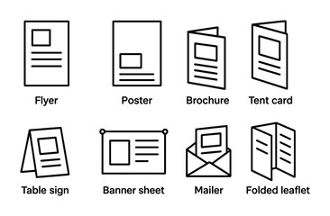 Marketing materials icon set – outline style visuals for promotional design, advertising, and branding: flyer, poster, brochure, tent card, table sign, banner sheet, mailer, leaflet