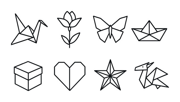 Origami outline icon set – linear style japanese paper art symbols for creative projects: crane, lotus, butterfly, boat, gift box, heart, star, deer