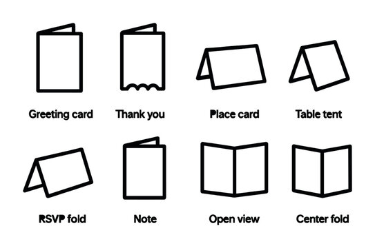 Greeting card outline icon set – elegant stationery symbols for invitations and events: thank you, place card, table tent, rsvp fold, note, open view, center fold