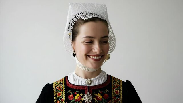 French Breton woman with lace coiffe and traditional dress, soft lighting, nervous smile, photorealistic, white background, close-up portrait with copy space