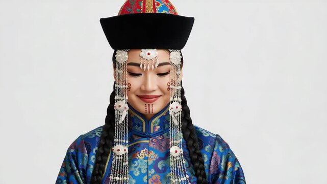 Shy Mongolian woman in traditional deel smiling gently against white background with copy space