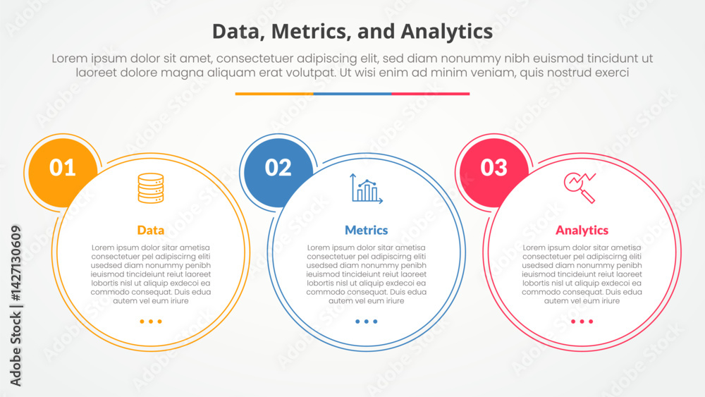 Poster data metrics and analytics infographic concept for slide presentation with big circle outline and ba
