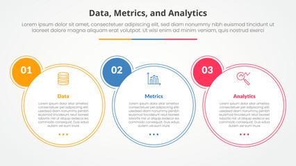 Data metrics and analytics infographic concept for slide presentation with big circle outline and badge on right with 3 point list with flat style