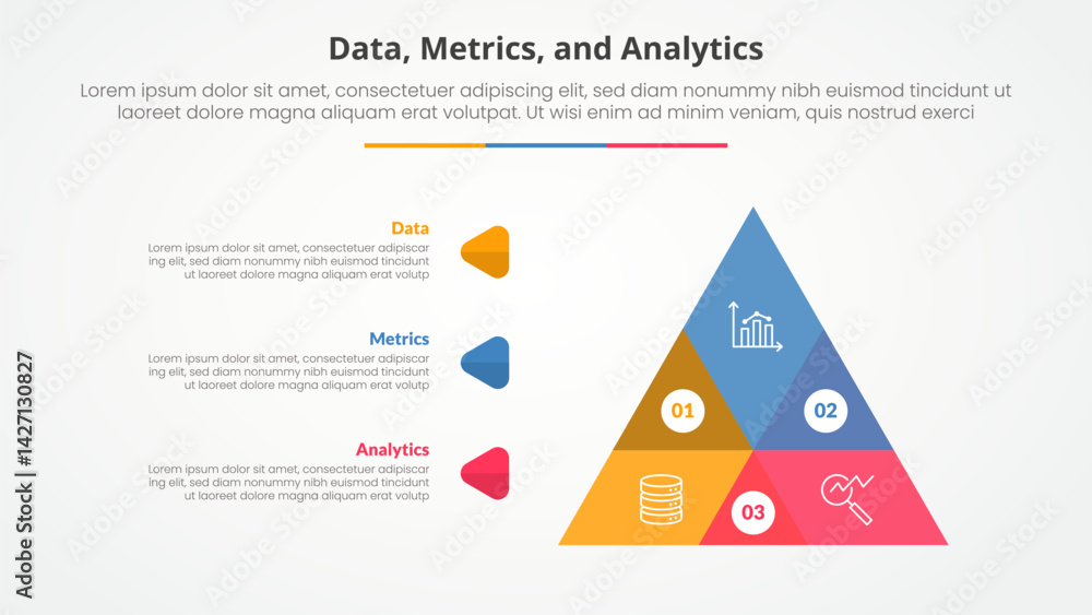 Aufkleber data metrics and analytics infographic concept for slide presentation with big pyramid shape venn bl