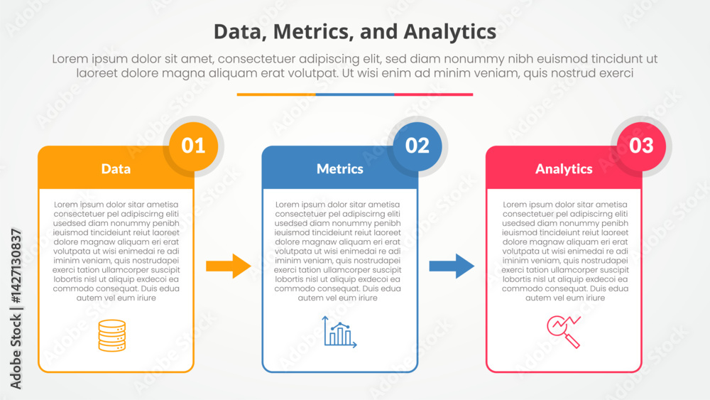 Poster data metrics and analytics infographic concept for slide presentation with table box and arrow direc