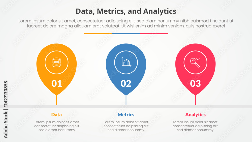 Poster data metrics and analytics infographic concept for slide presentation with pin tagging location time