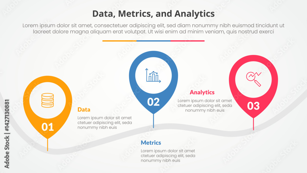 Poster data metrics and analytics infographic concept for slide presentation with pin tagging location road