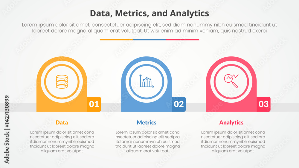 Poster data metrics and analytics infographic concept for slide presentation with creative round circle hor