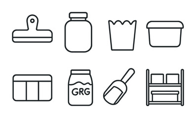 Storage and organization outline icons set &ndash; simple home and office symbols for clutter control and space management: clipboard, jar, basket, bin, box, container, shelf