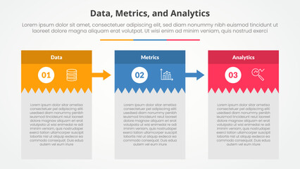 Data metrics and analytics infographic concept for slide presentation with creative box table with big header and arrow with 3 point list with flat style