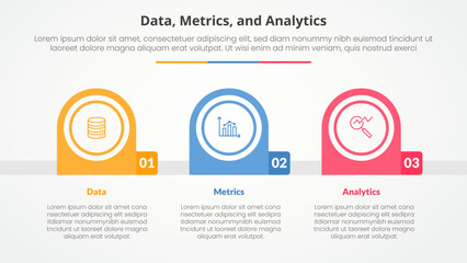 Data metrics and analytics infographic concept for slide presentation with creative round circle horizontal with 3 point list with flat style