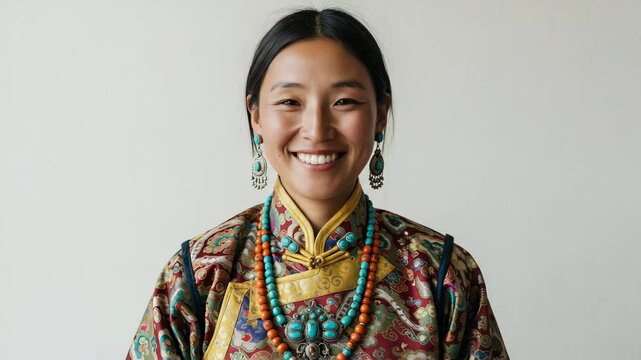 Tibetan woman with a warm smile wearing traditional chuba robe and turquoise jewelry against a neutral white background