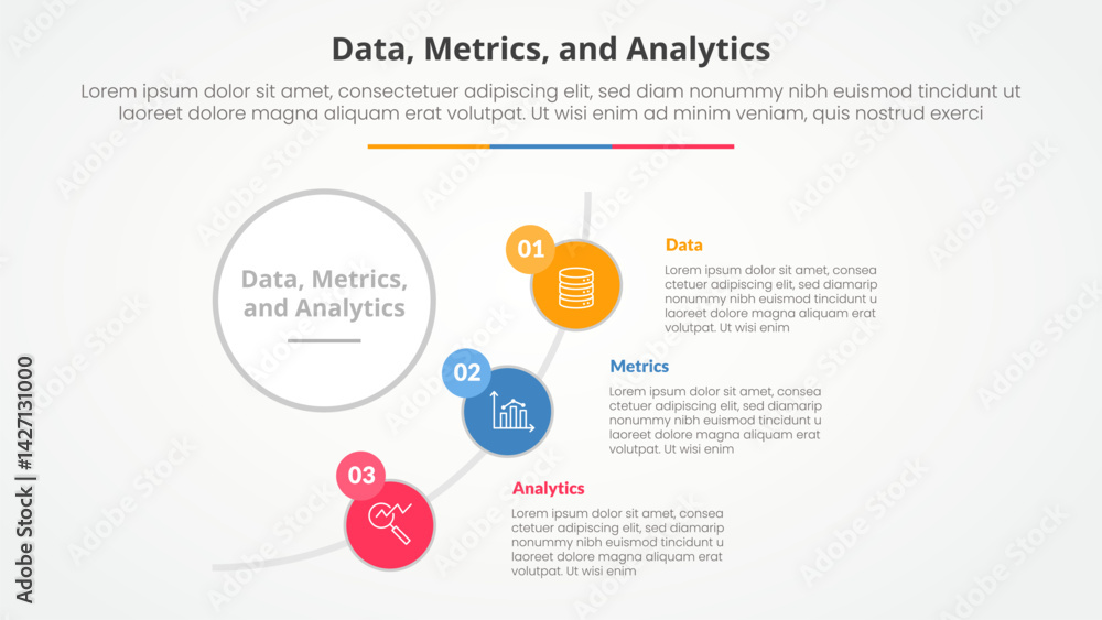 Poster data metrics and analytics infographic concept for slide presentation with big circle and half circl